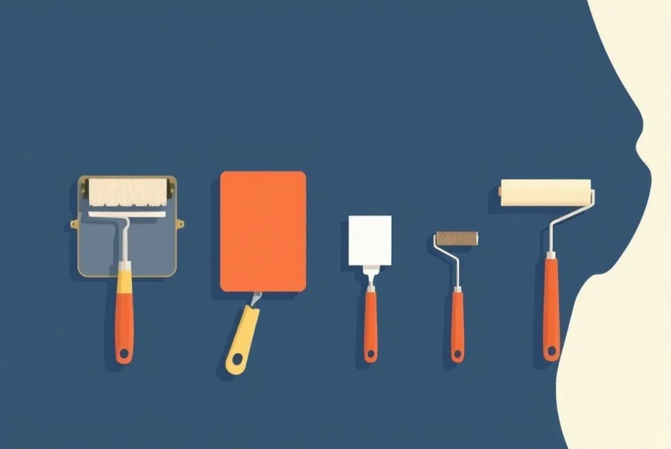 Outils de peinture disposés dans l'ordre des étapes du chantier