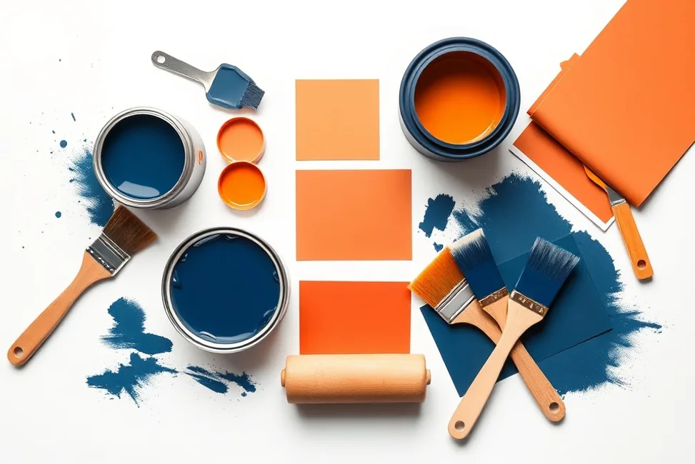 Pots de peinture, nuancier, brosses et rouleaux disposés à plat