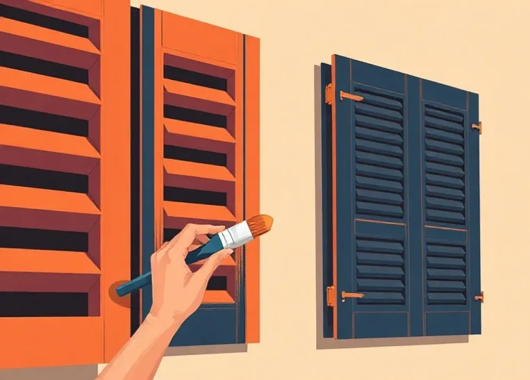 Mise en peinture au pinceau de volets et d'encadrements en bois