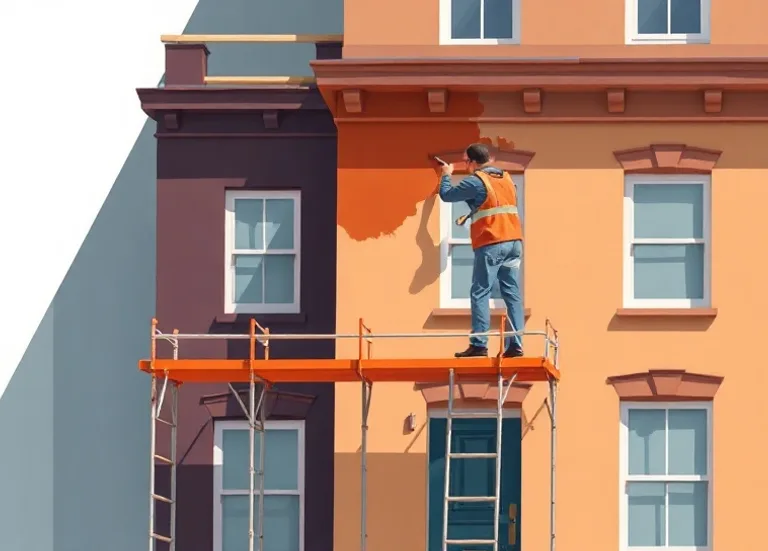 Peintre sur échafaudage traitant la façade d'une maison