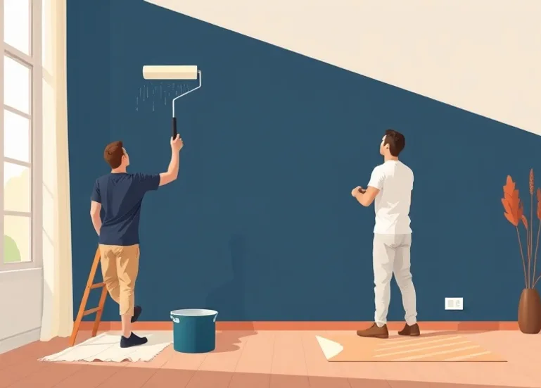 Peintre appliquant la peinture au rouleau sur un mur de salon